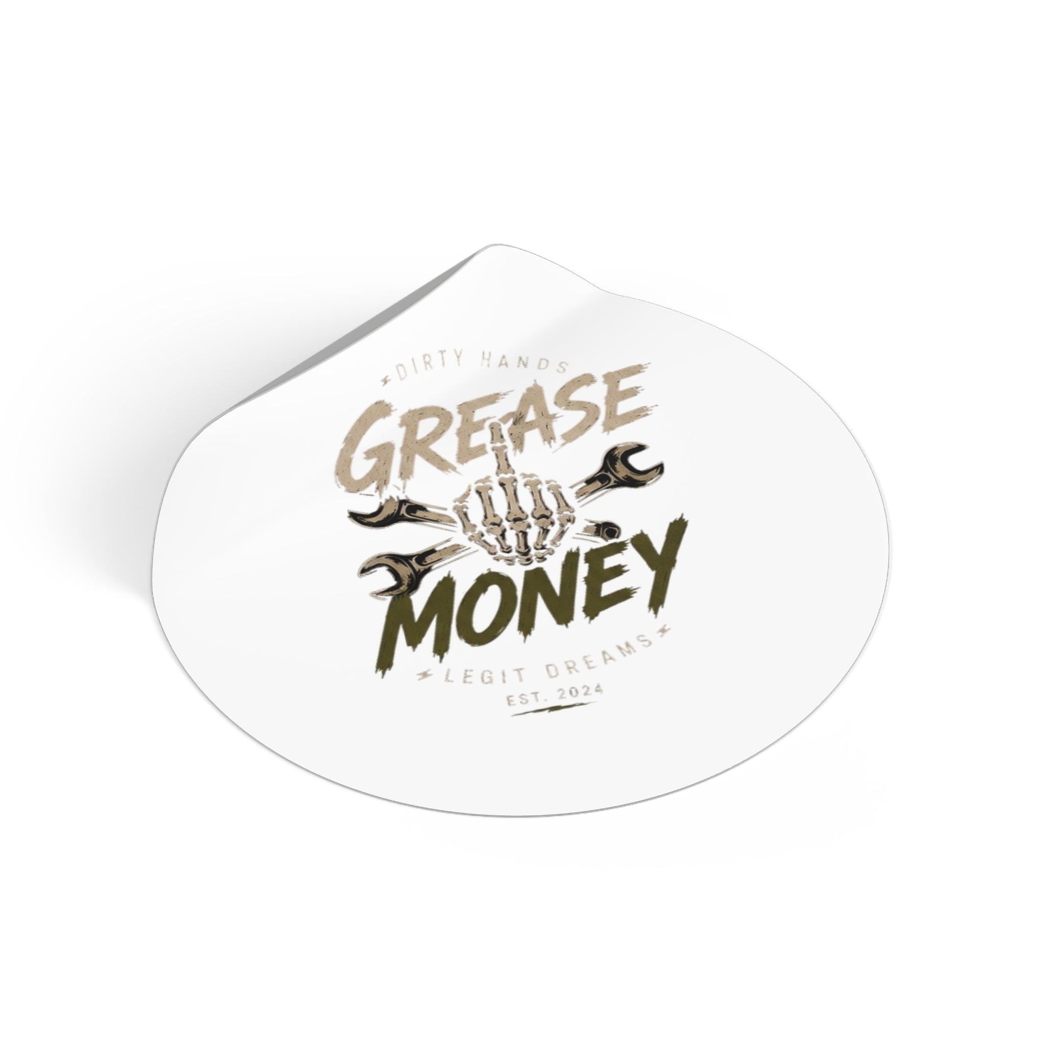 Grease Money Round Vinyl Sticker — Mechanic Skull & Wrenches | 'Dirty Hands, Legit Dreams'