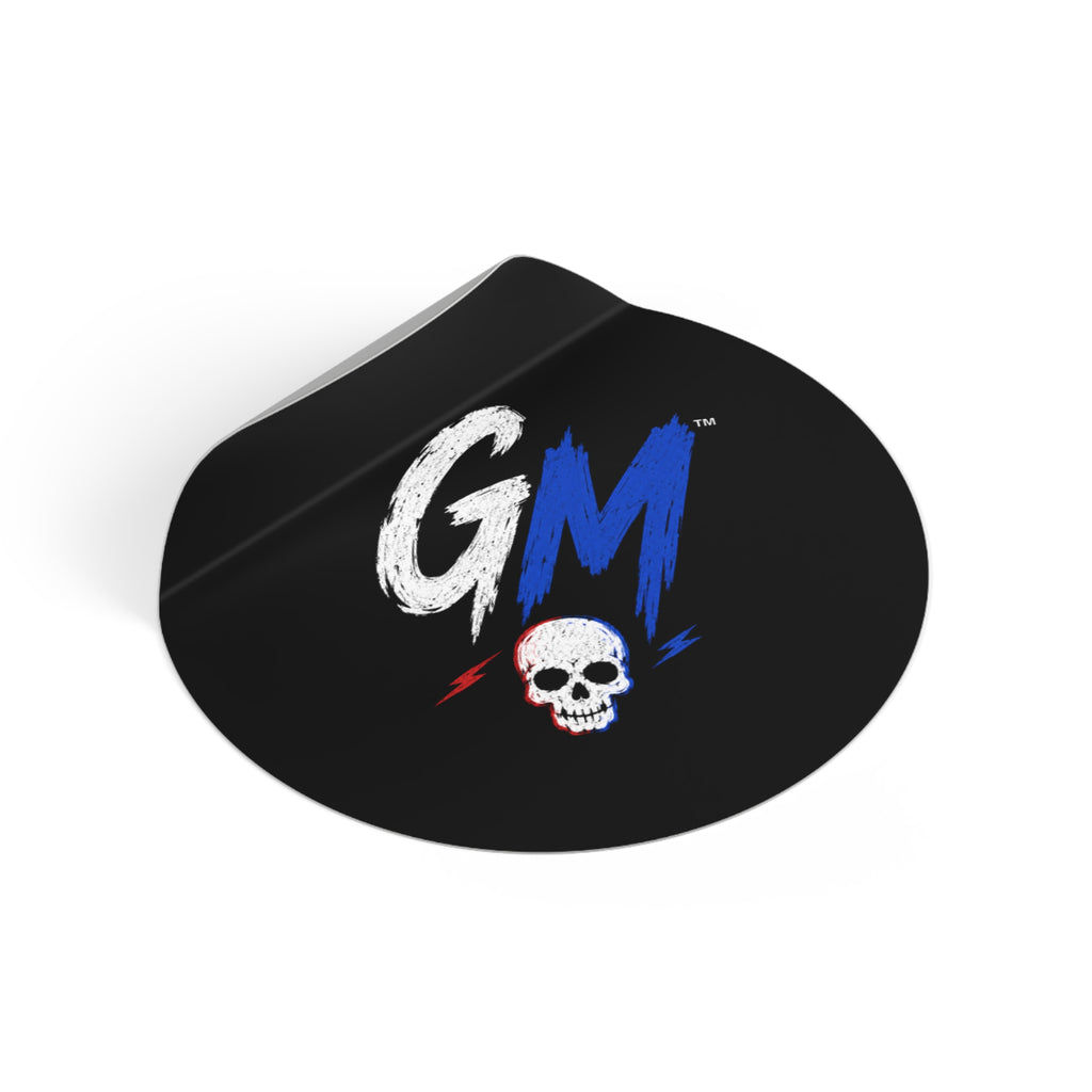 GM Skull Round Vinyl Sticker — Retro Skull Logo Sticker (Black, Blue & White)