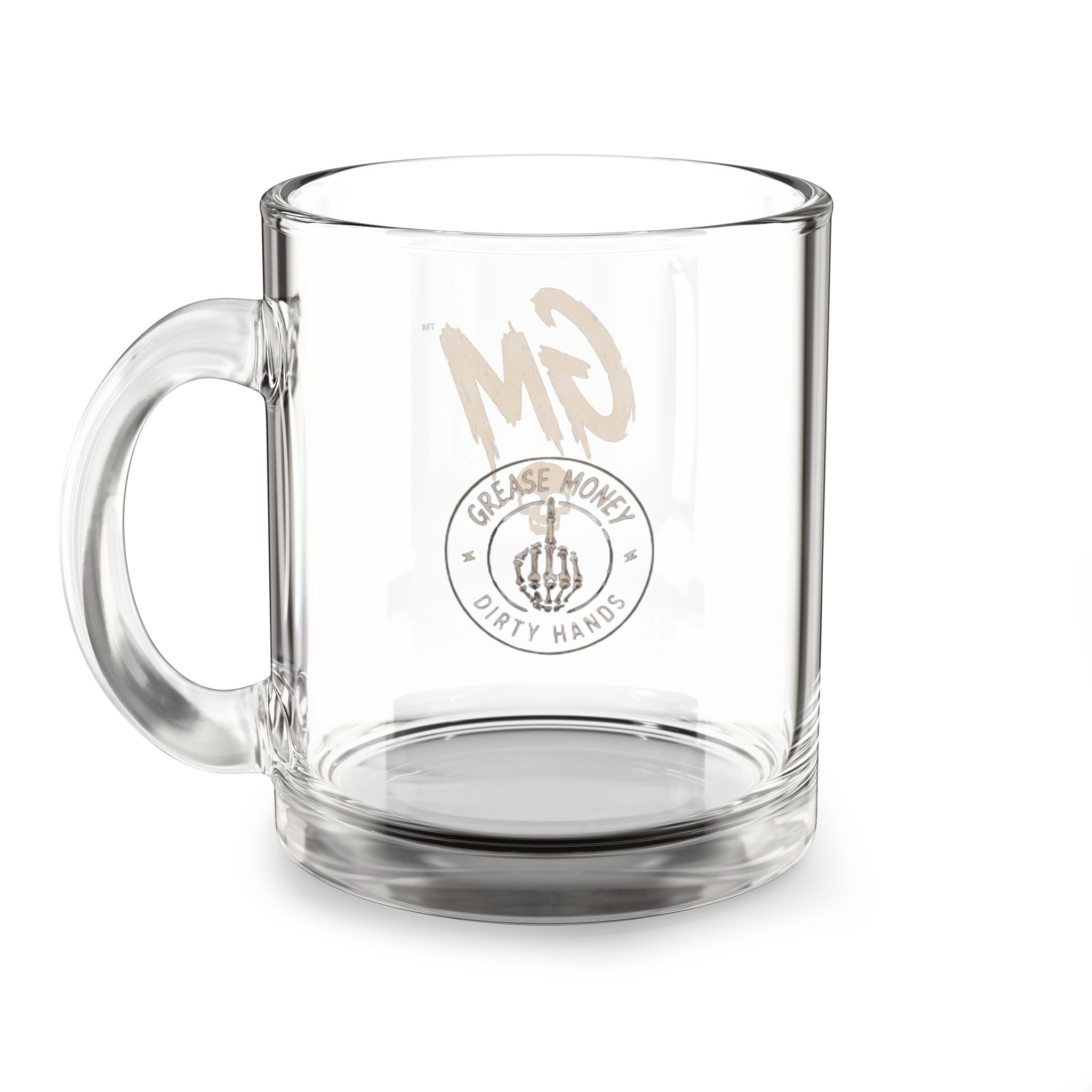Glass Mug — Grease Monkey Dirty Hands Logo 10oz Clear Coffee Cup