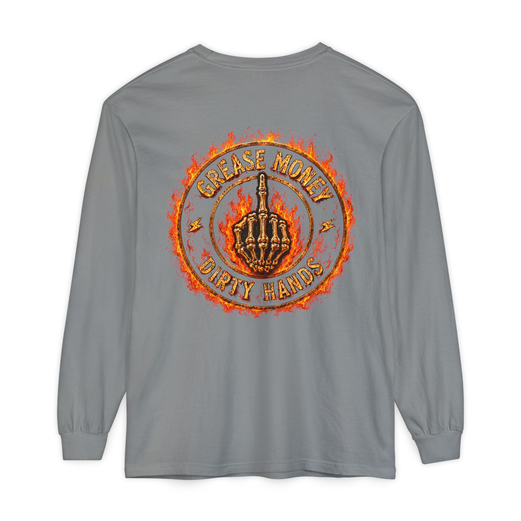 Grease Money Long Sleeve Tee — 'Grease Money Dirty Hands' Flaming Skeleton Logo