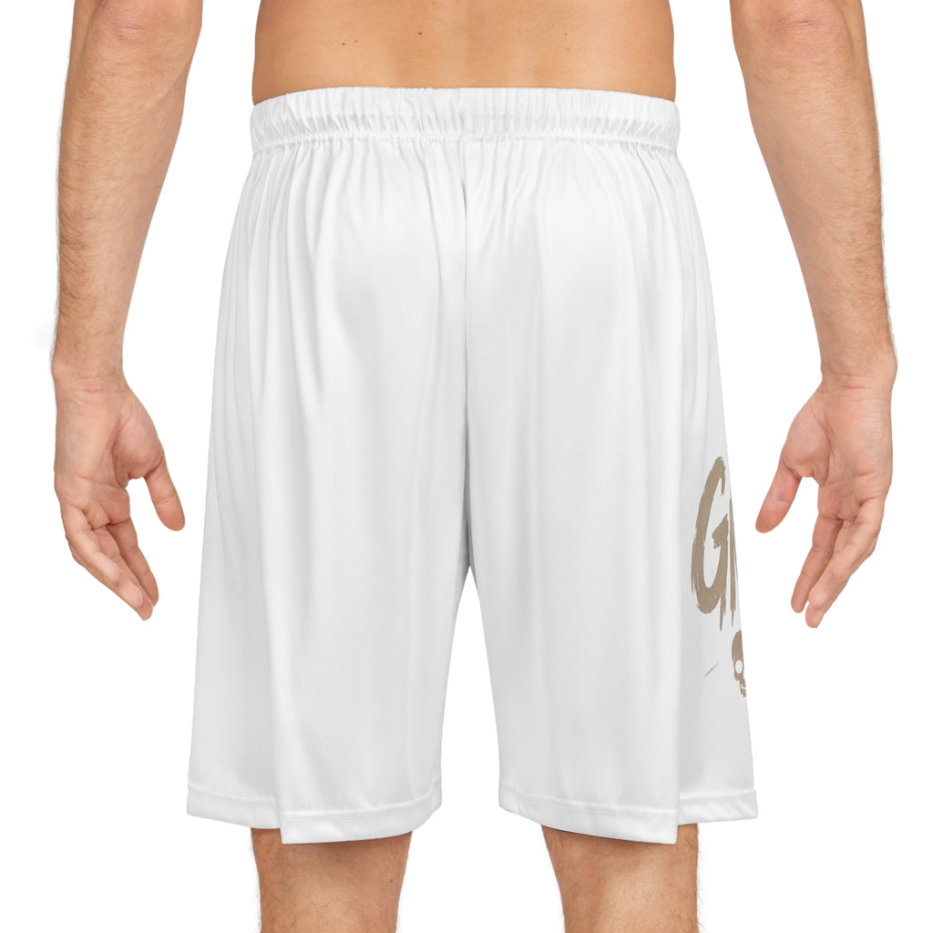 White AOP Basketball Shorts — 'GM' Skull Graphic Performance Shorts