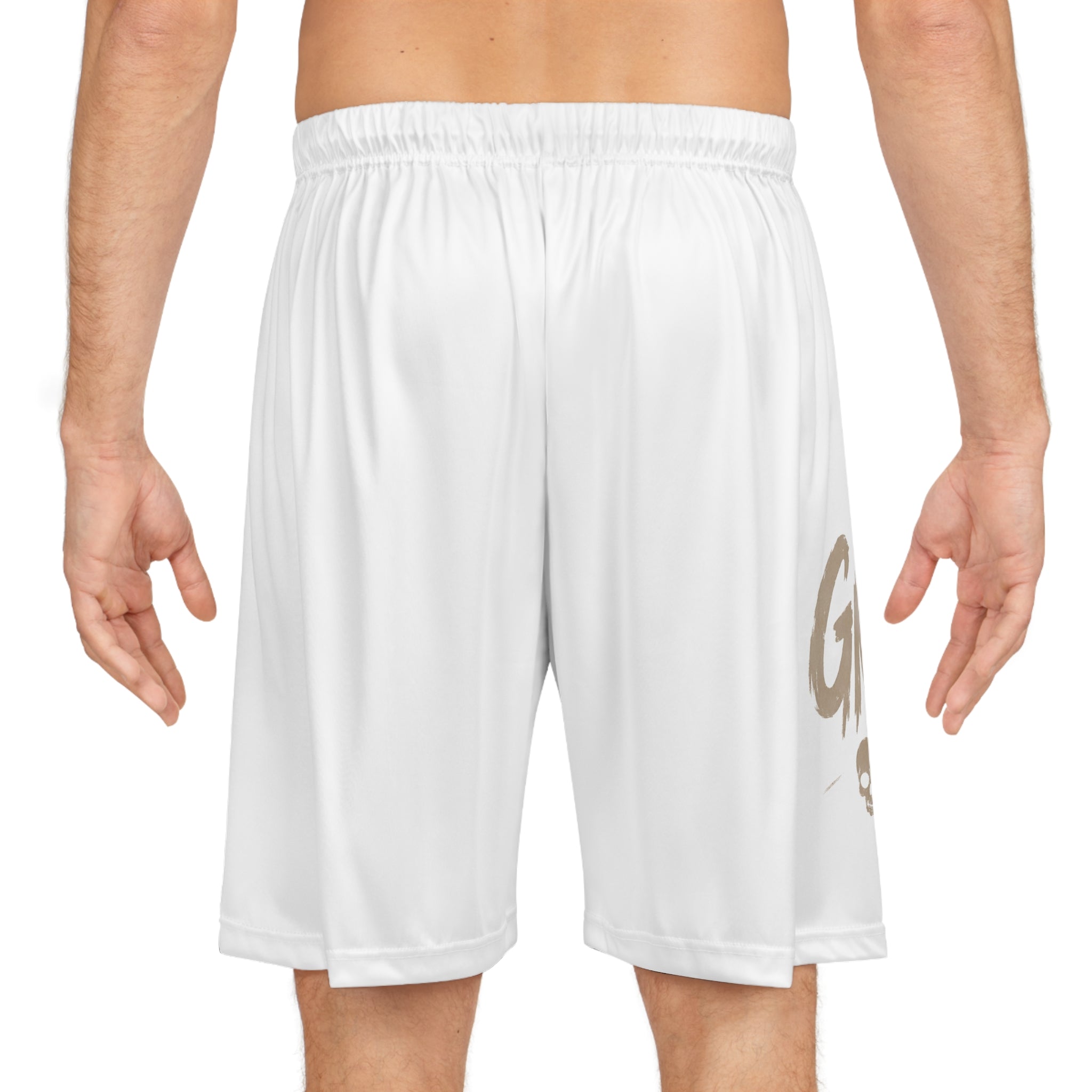White AOP Basketball Shorts — 'GM' Skull Graphic Performance Shorts