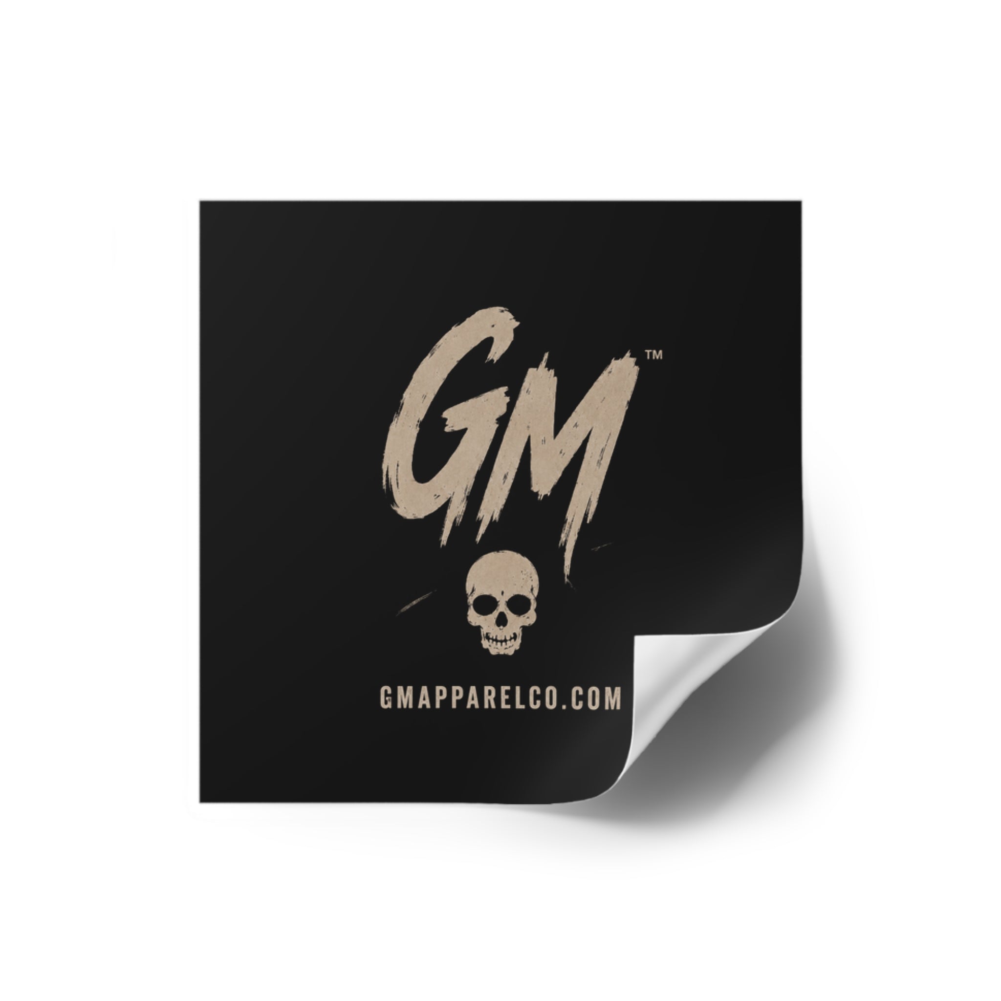 GM Skull Logo Square Sticker — Black Brushed Script Sticker (GMApparelCo.com)