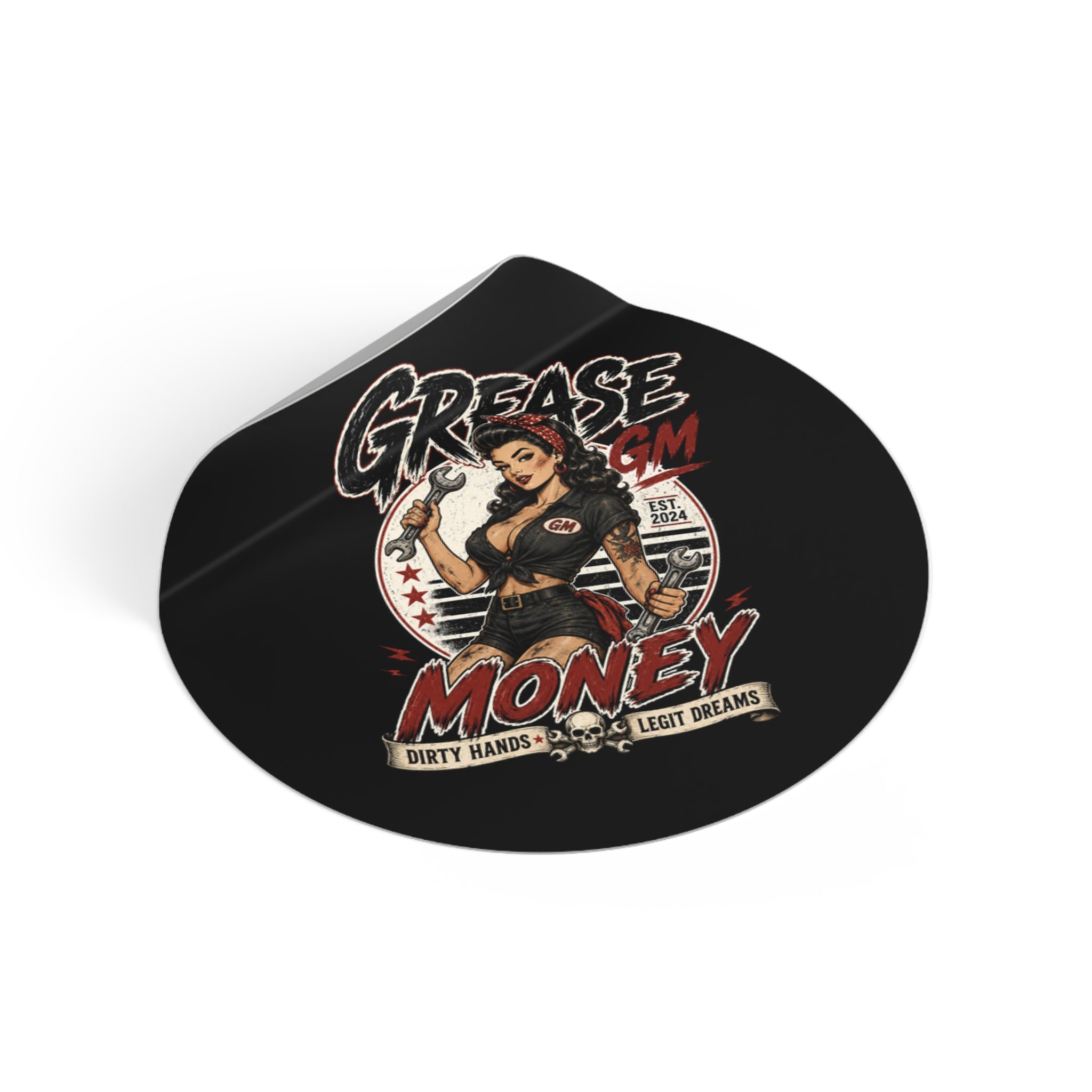 Grease Money Round Vinyl Sticker — Retro Pinup Mechanic 'Dirty Hands, Legit Dreams'
