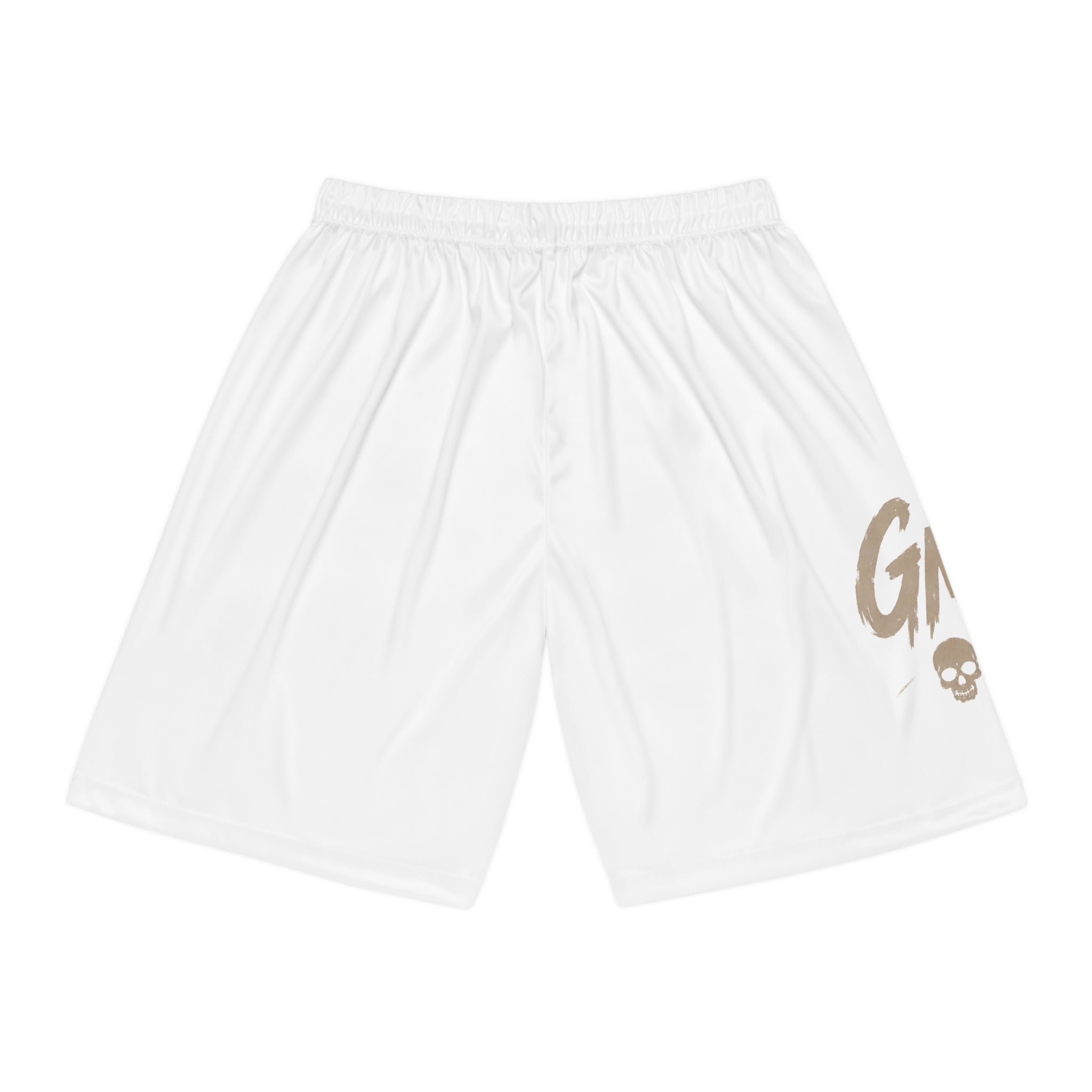 White AOP Basketball Shorts — 'GM' Skull Graphic Performance Shorts