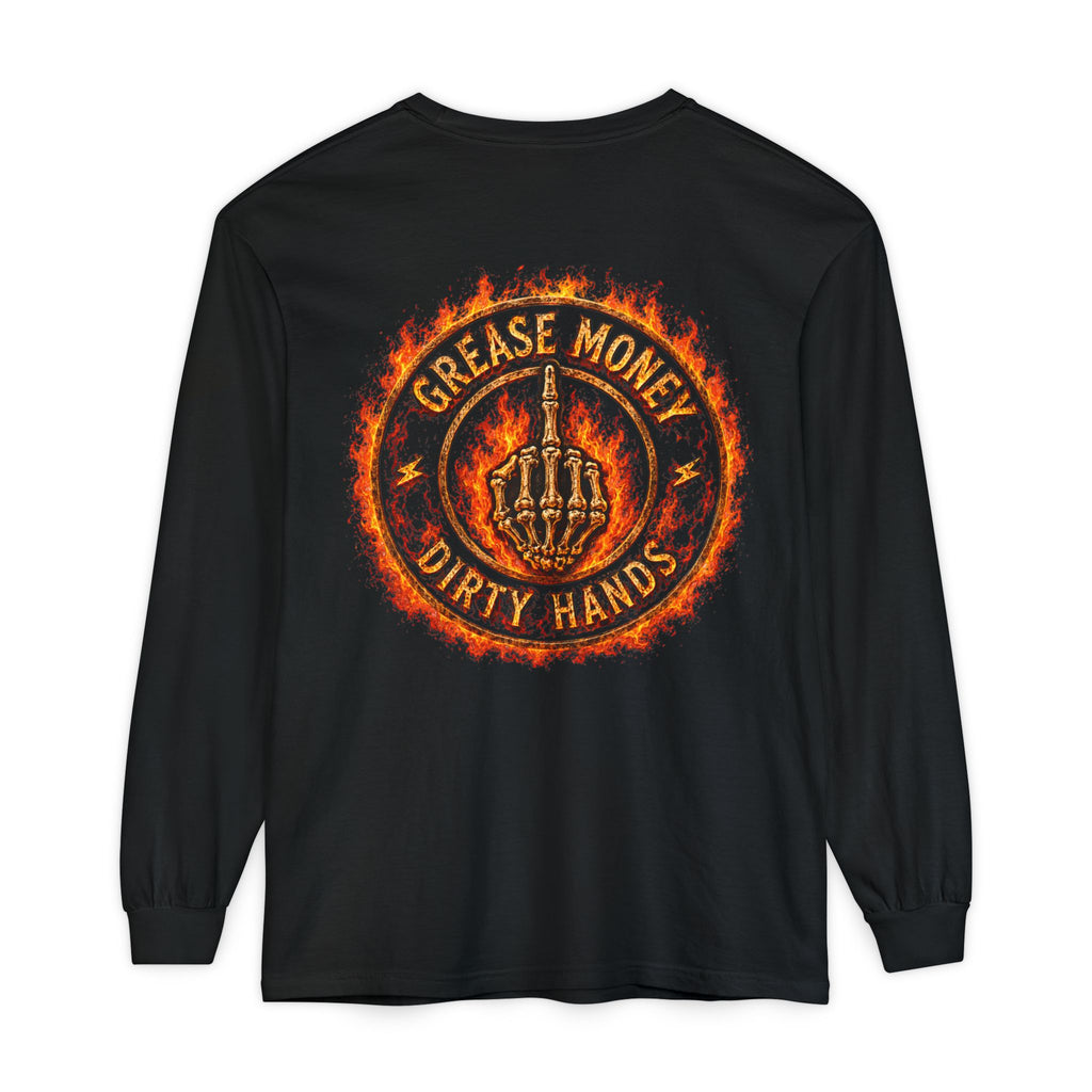 Grease Money Long Sleeve Tee — 'Grease Money Dirty Hands' Flaming Skeleton Logo