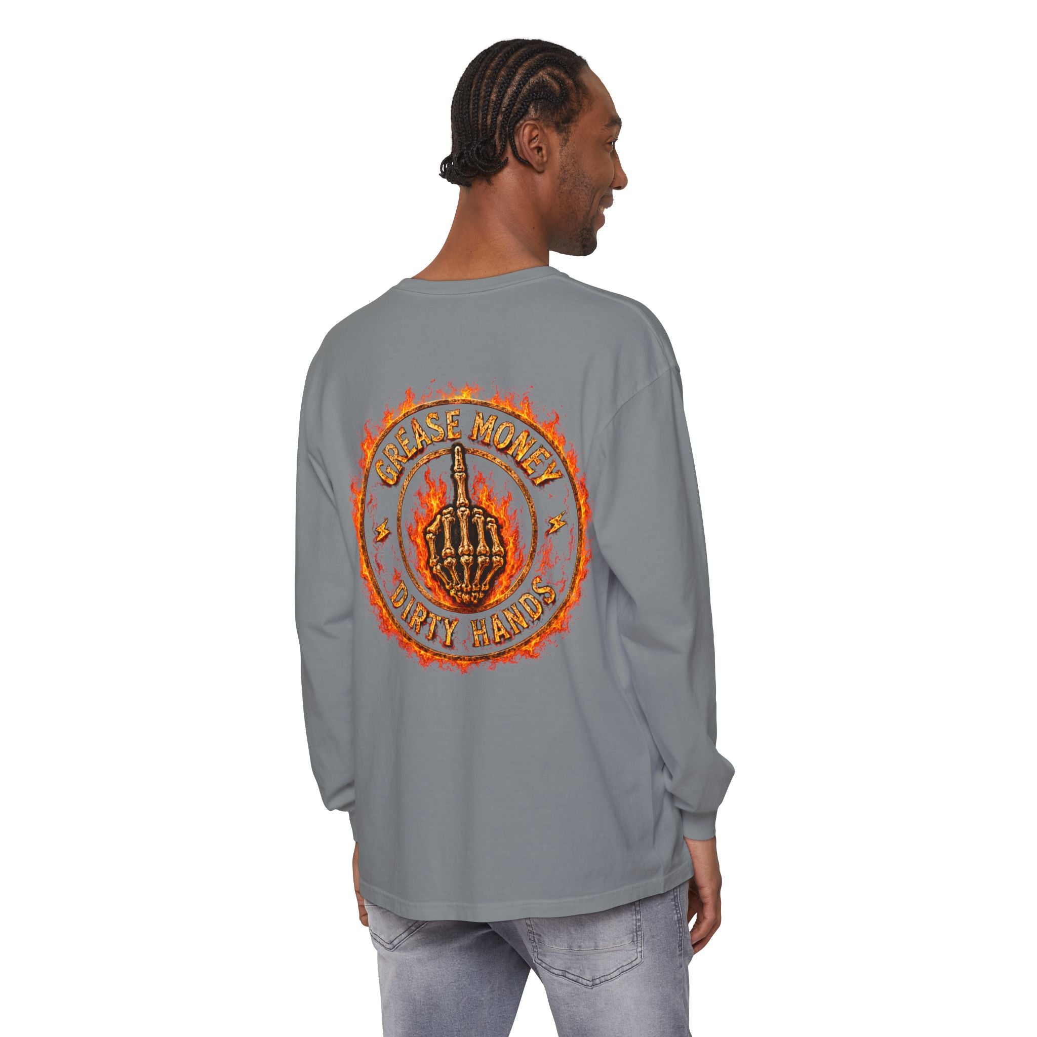 Grease Money Long Sleeve Tee — 'Grease Money Dirty Hands' Flaming Skeleton Logo