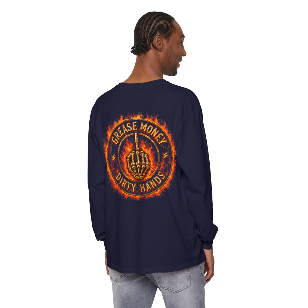 Grease Money Long Sleeve Tee — 'Grease Money Dirty Hands' Flaming Skeleton Logo