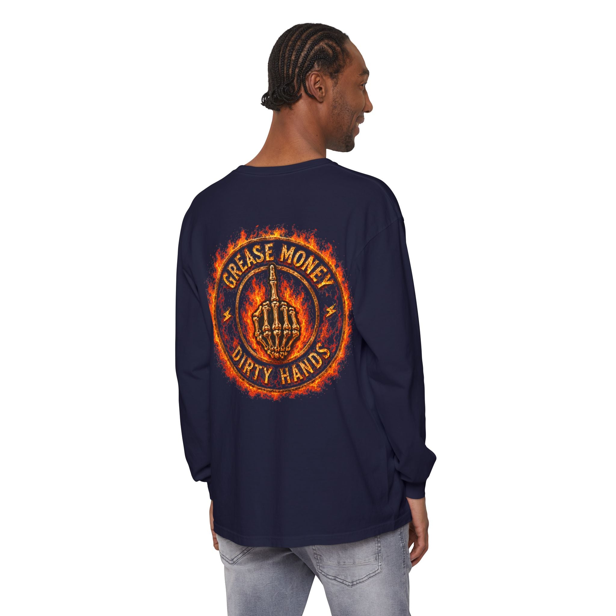 Grease Money Long Sleeve Tee — 'Grease Money Dirty Hands' Flaming Skeleton Logo
