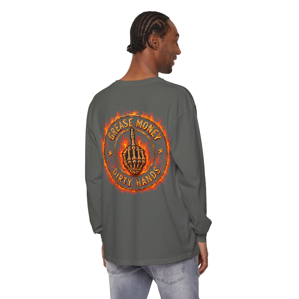 Grease Money Long Sleeve Tee — 'Grease Money Dirty Hands' Flaming Skeleton Logo