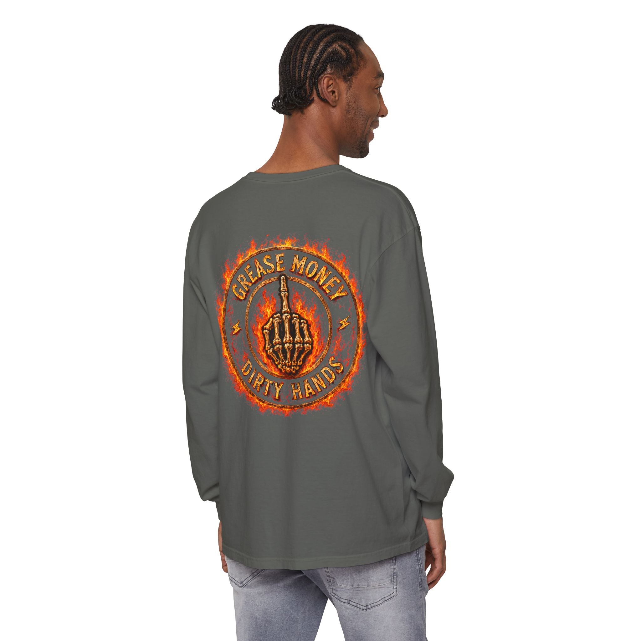 Grease Money Long Sleeve Tee — 'Grease Money Dirty Hands' Flaming Skeleton Logo