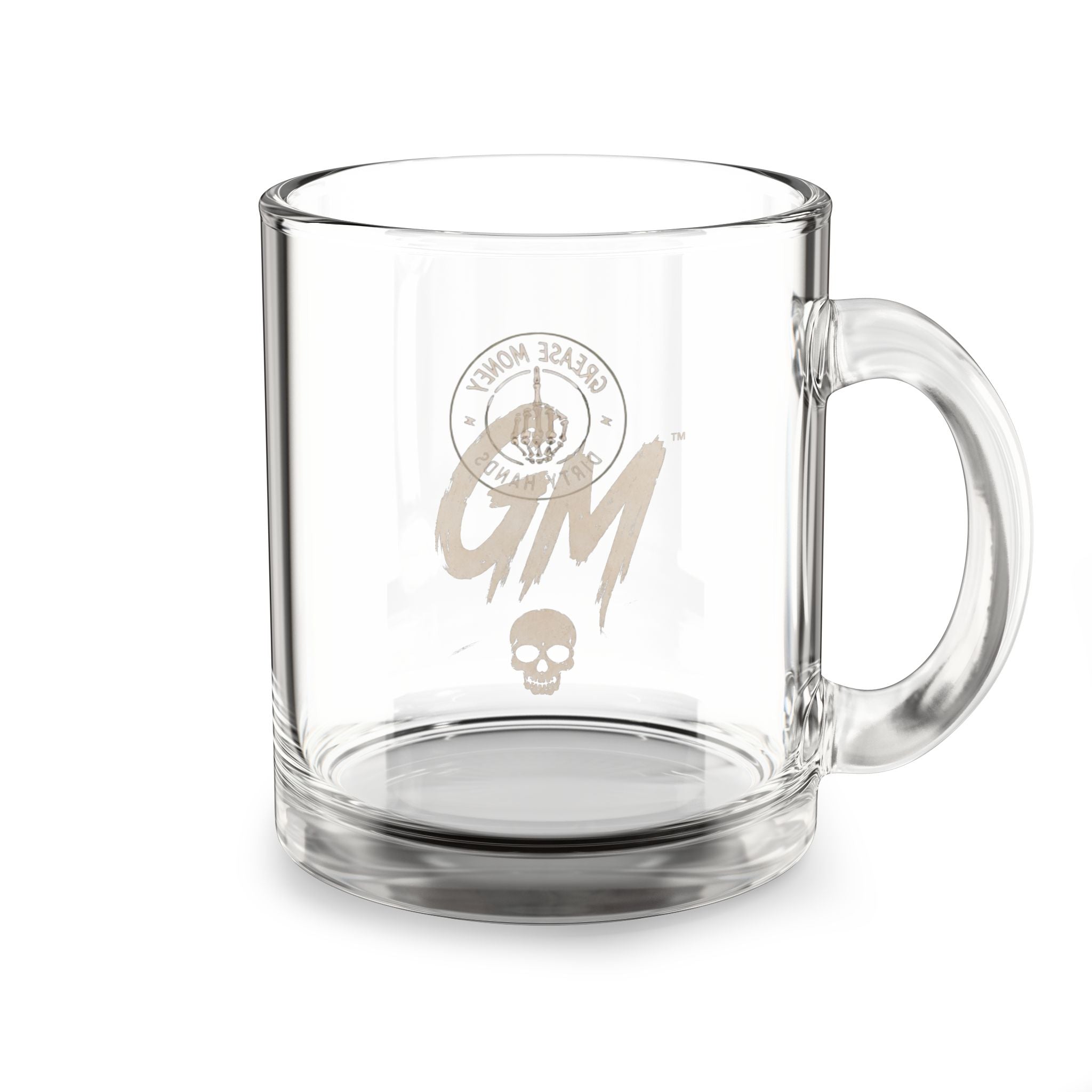 Glass Mug — Grease Monkey Dirty Hands Logo 10oz Clear Coffee Cup