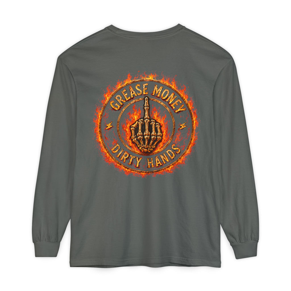 Grease Money Long Sleeve Tee — 'Grease Money Dirty Hands' Flaming Skeleton Logo