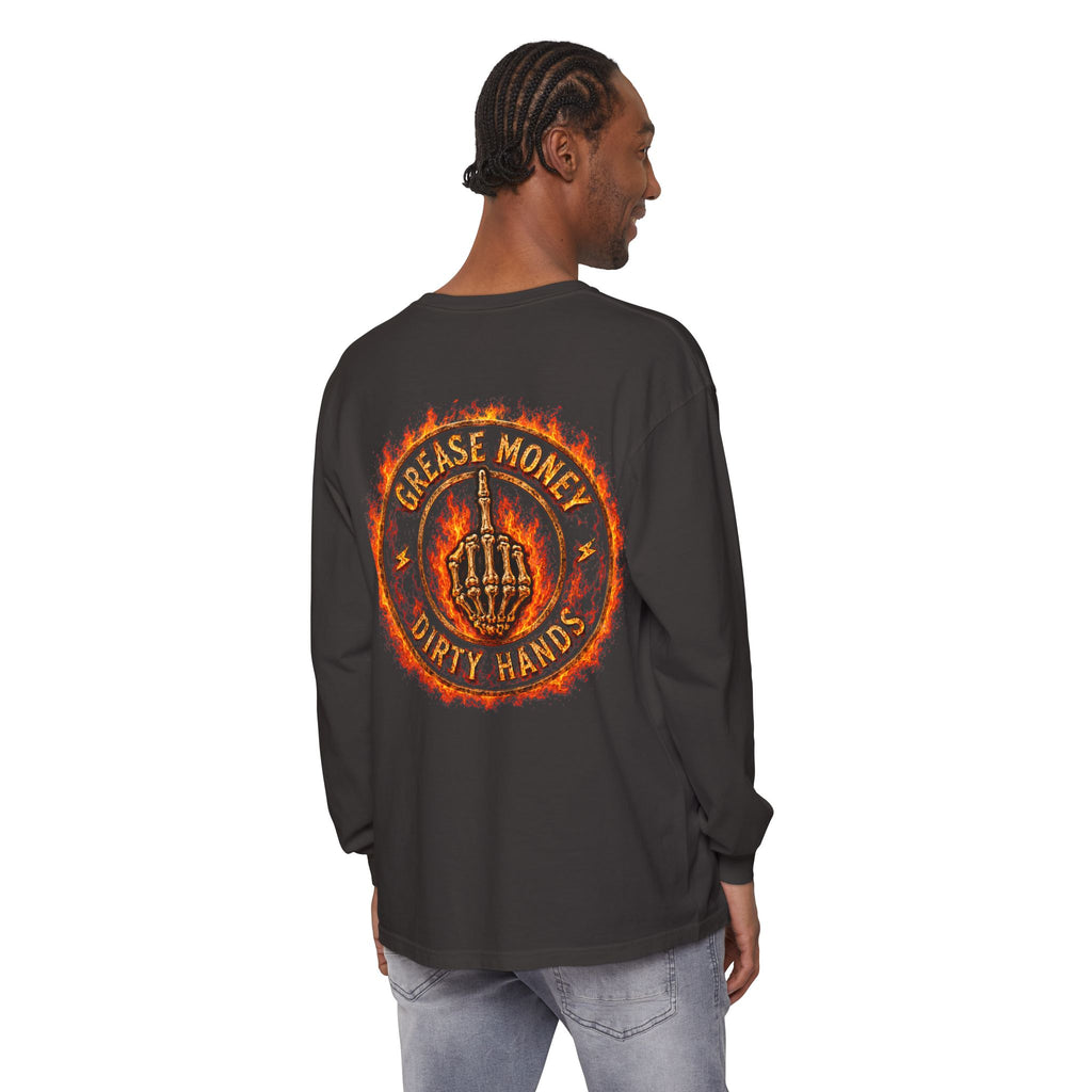 Grease Money Long Sleeve Tee — 'Grease Money Dirty Hands' Flaming Skeleton Logo