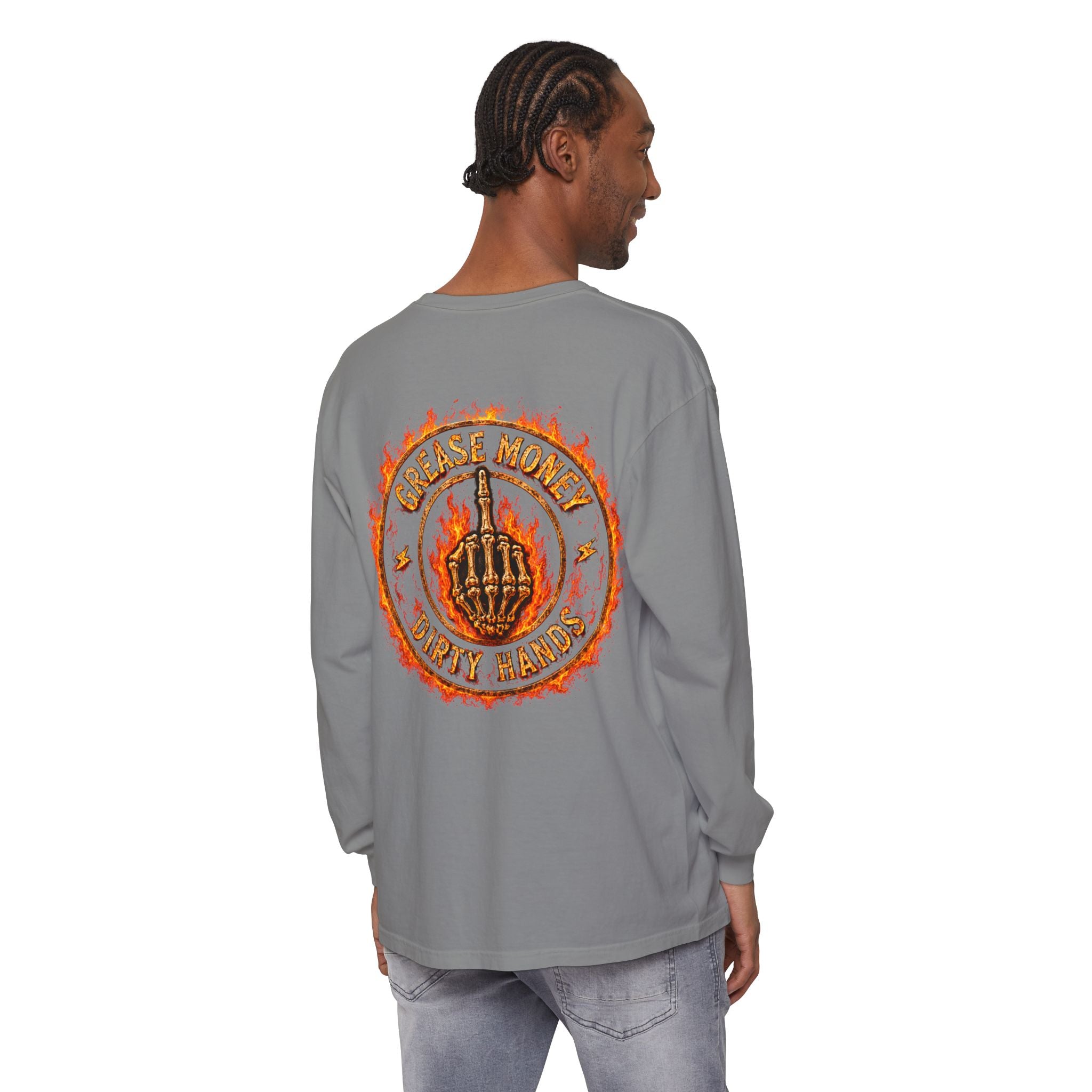 Grease Money Long Sleeve Tee — 'Grease Money Dirty Hands' Flaming Skeleton Logo