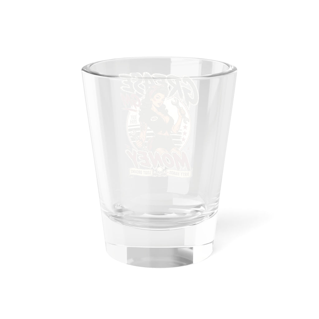 Grease Money Pin-Up Shot Glass – Retro ‘Grease & Money’ Mechanic Design