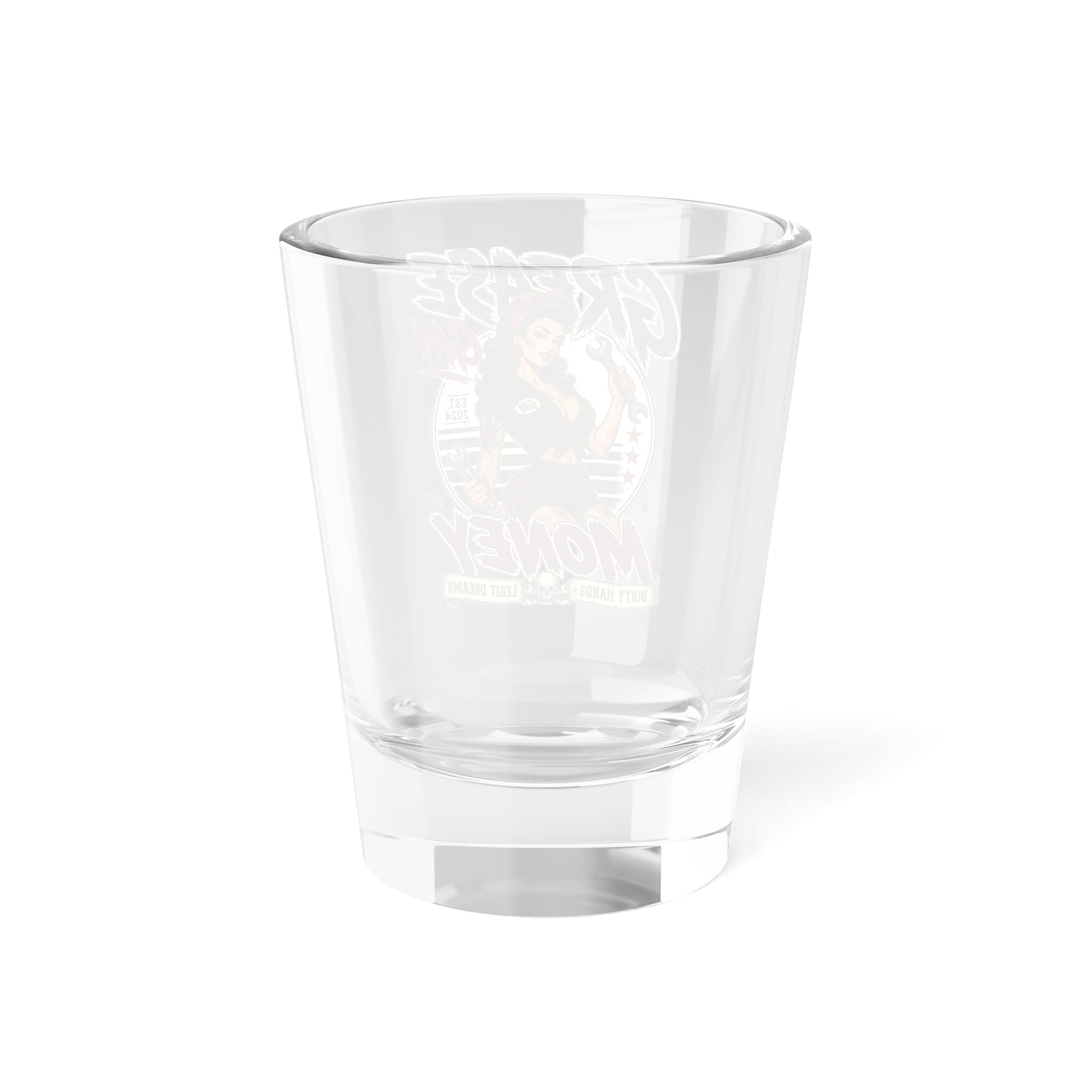 Grease Money Pin-Up Shot Glass – Retro ‘Grease & Money’ Mechanic Design