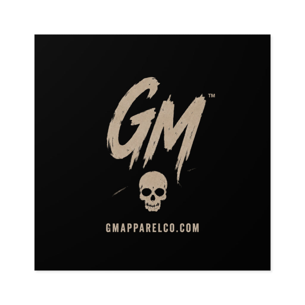 GM Skull Logo Square Sticker — Black Brushed Script Sticker (GMApparelCo.com)