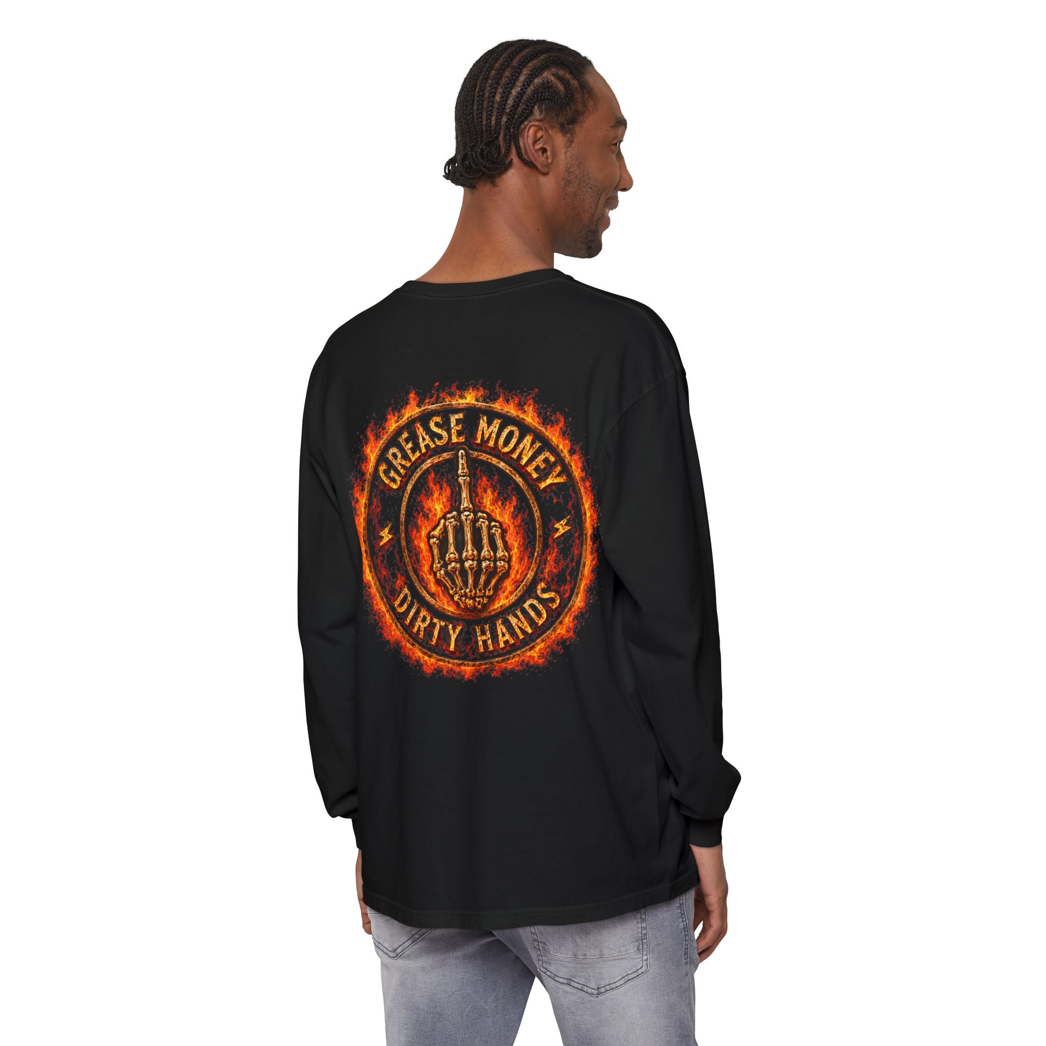 Grease Money Long Sleeve Tee — 'Grease Money Dirty Hands' Flaming Skeleton Logo