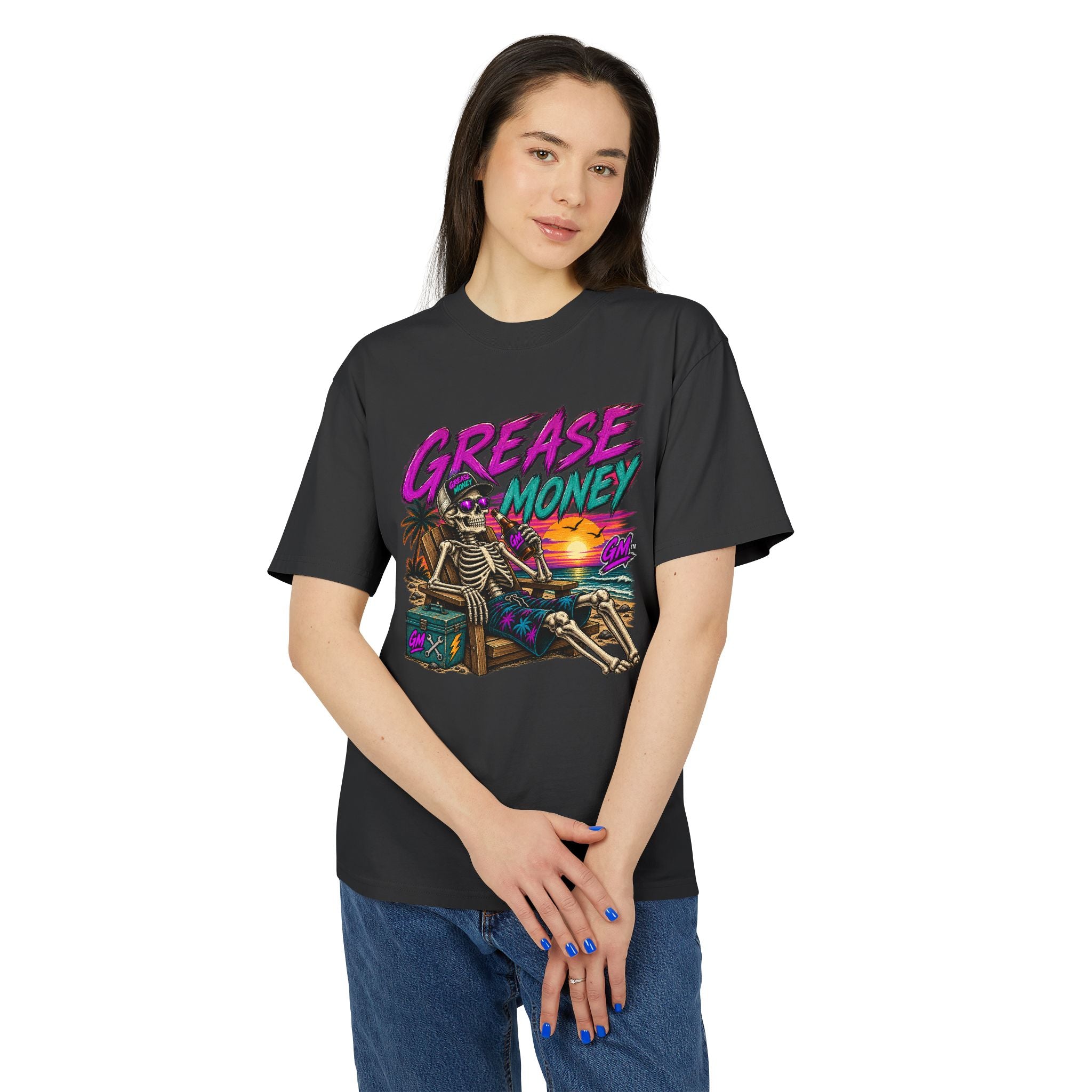 Grease Money Skeleton Tee — Vintage Beach Skull T-Shirt