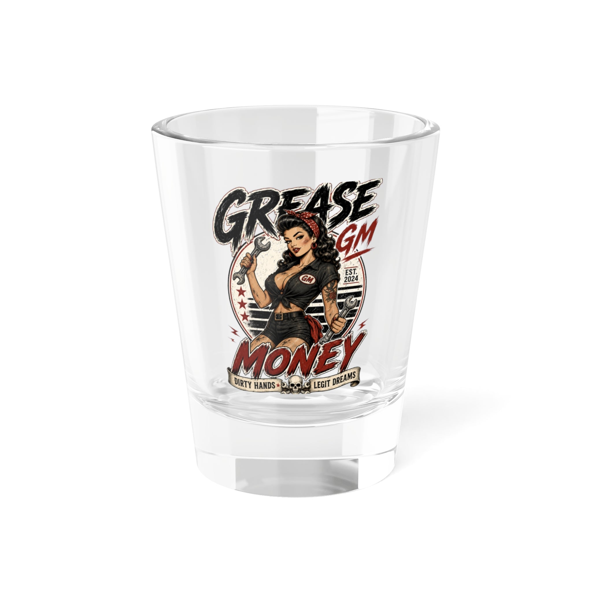 Grease Money Pin-Up Shot Glass – Retro ‘Grease & Money’ Mechanic Design