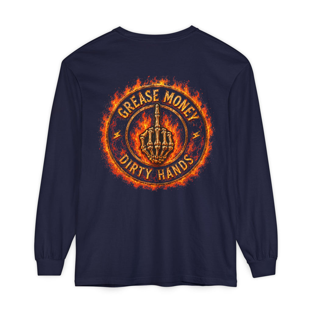 Grease Money Long Sleeve Tee — 'Grease Money Dirty Hands' Flaming Skeleton Logo