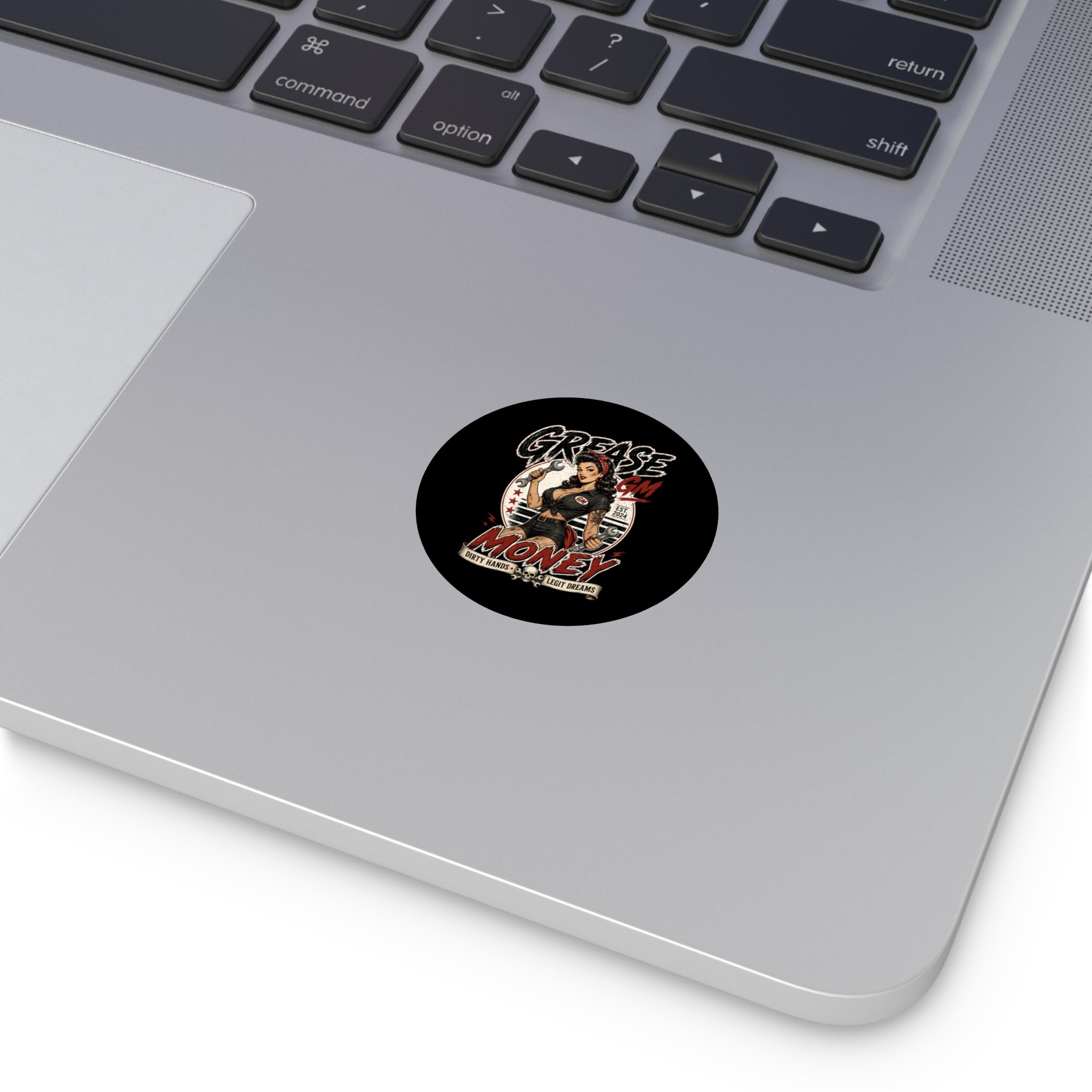 Grease Money Round Vinyl Sticker — Retro Pinup Mechanic 'Dirty Hands, Legit Dreams'