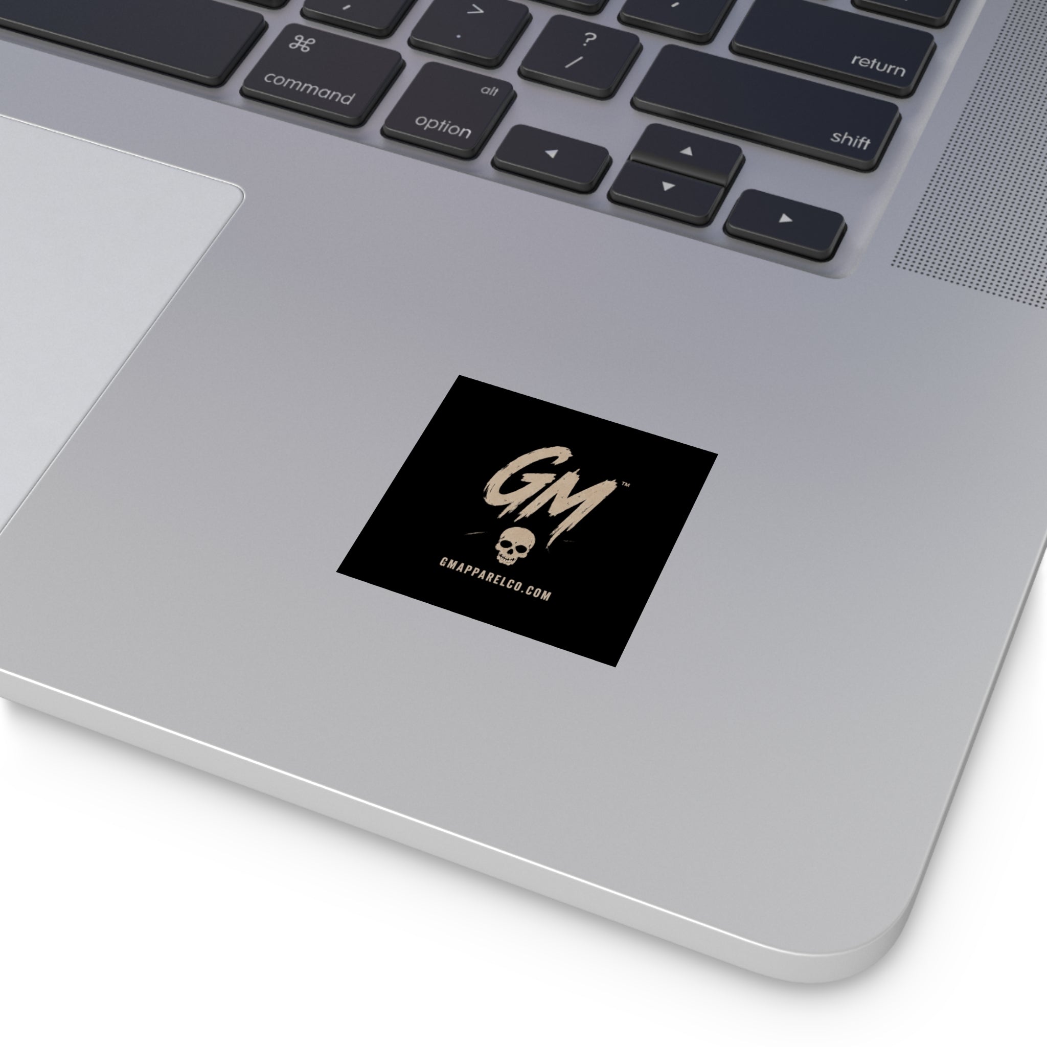 GM Skull Logo Square Sticker — Black Brushed Script Sticker (GMApparelCo.com)