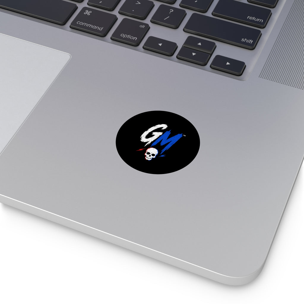 GM Skull Round Vinyl Sticker — Retro Skull Logo Sticker (Black, Blue & White)