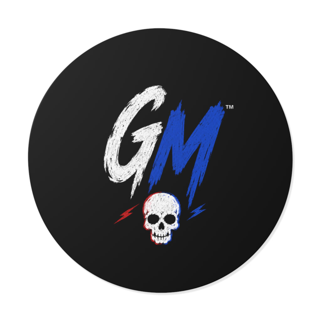 GM Skull Round Vinyl Sticker — Retro Skull Logo Sticker (Black, Blue & White)