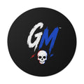 GM Skull Round Vinyl Sticker — Retro Skull Logo Sticker (Black, Blue & White)