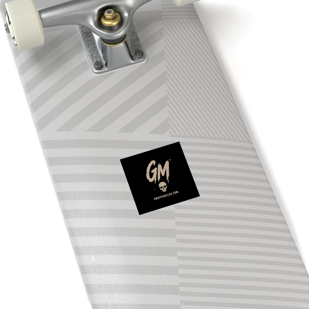 GM Skull Logo Square Sticker — Black Brushed Script Sticker (GMApparelCo.com)