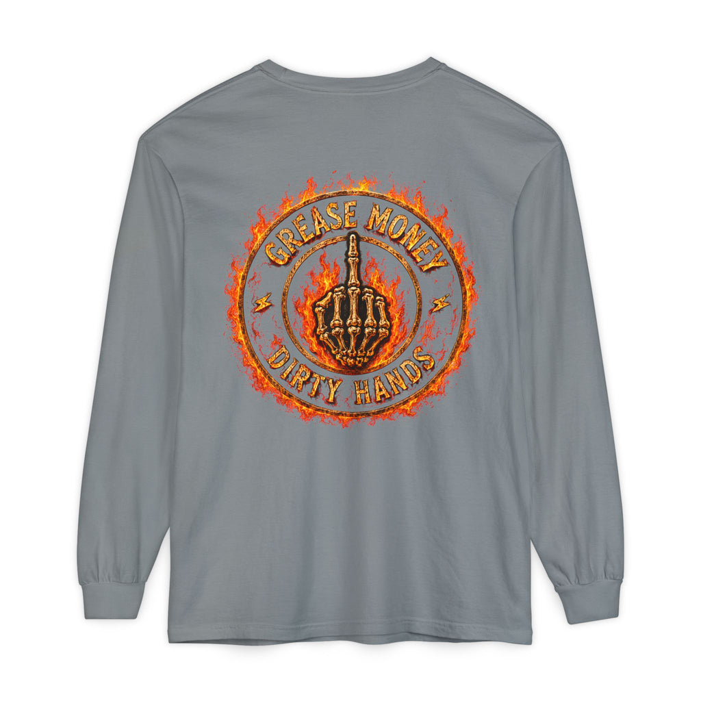 Grease Money Long Sleeve Tee — 'Grease Money Dirty Hands' Flaming Skeleton Logo