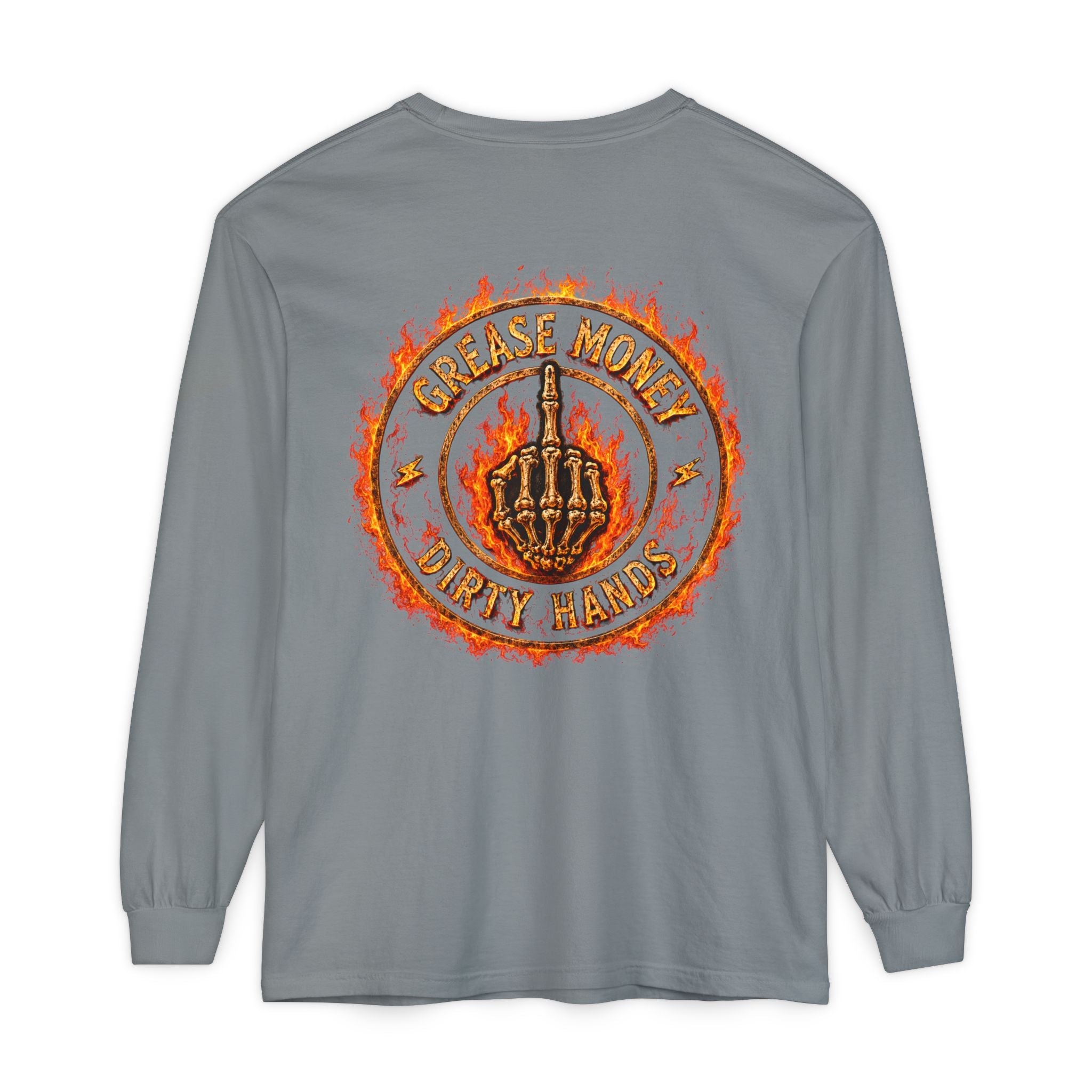 Grease Money Long Sleeve Tee — 'Grease Money Dirty Hands' Flaming Skeleton Logo