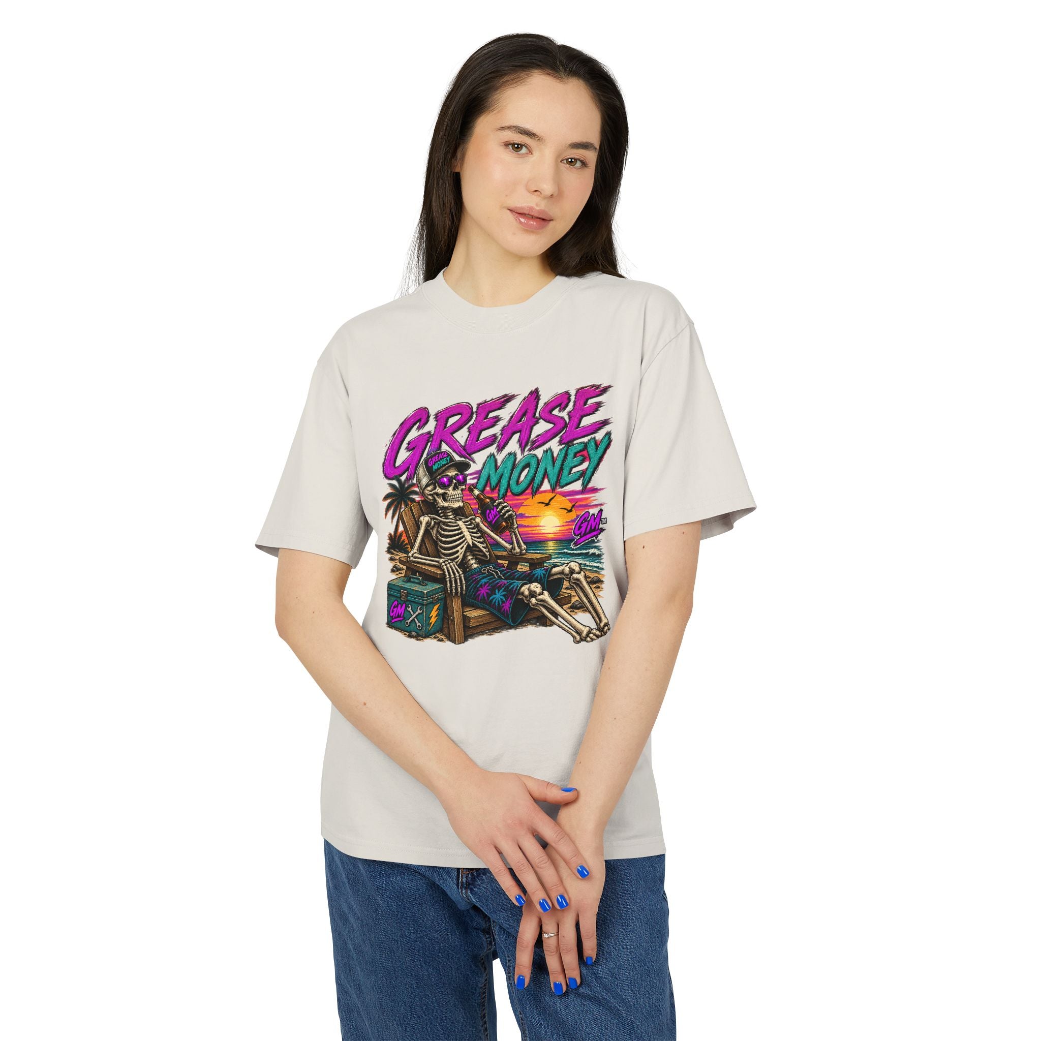 Grease Money Skeleton Tee — Vintage Beach Skull T-Shirt